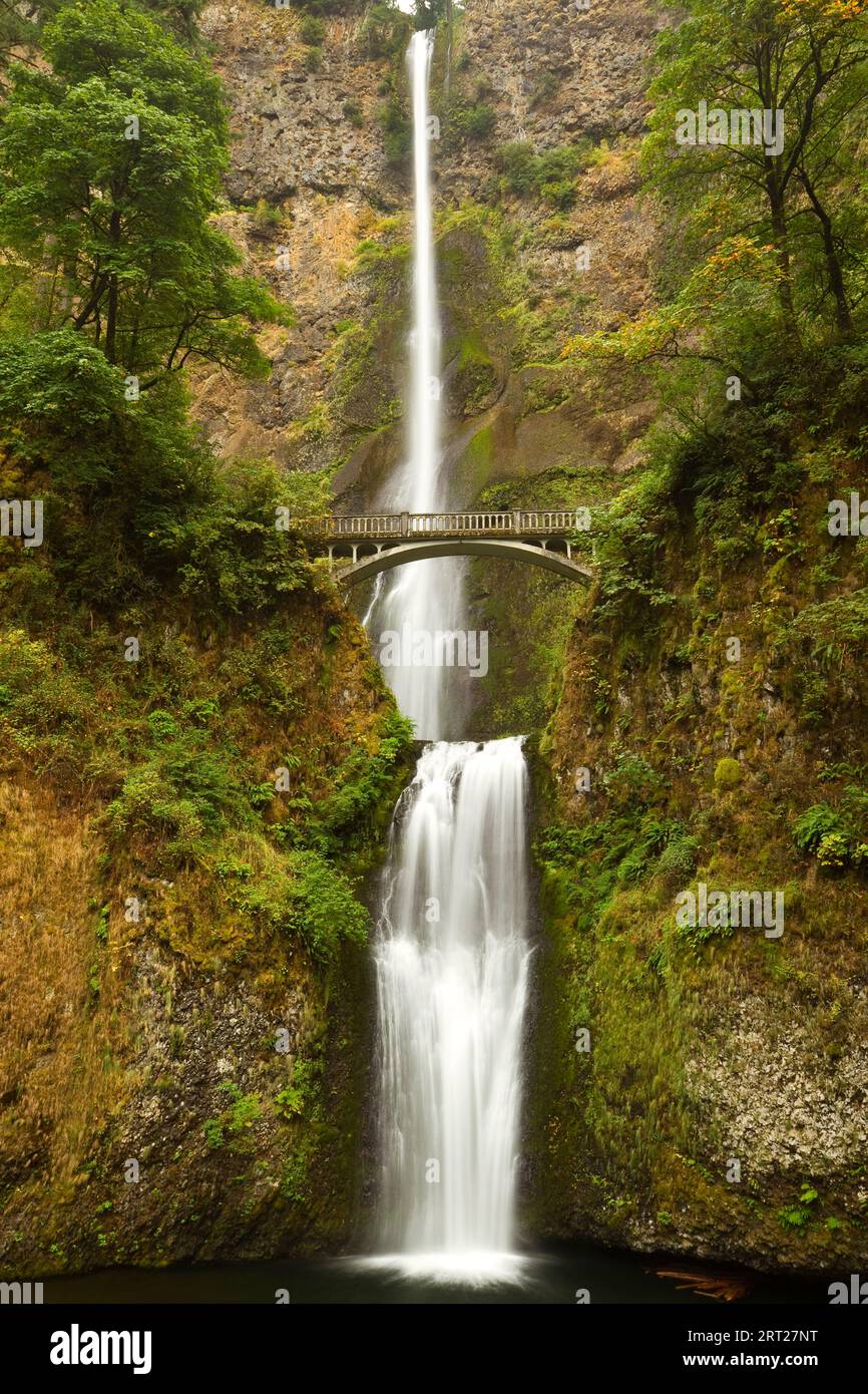 Multnomah Falls - Un'alta cascata con passerella pedonale. Foto Stock