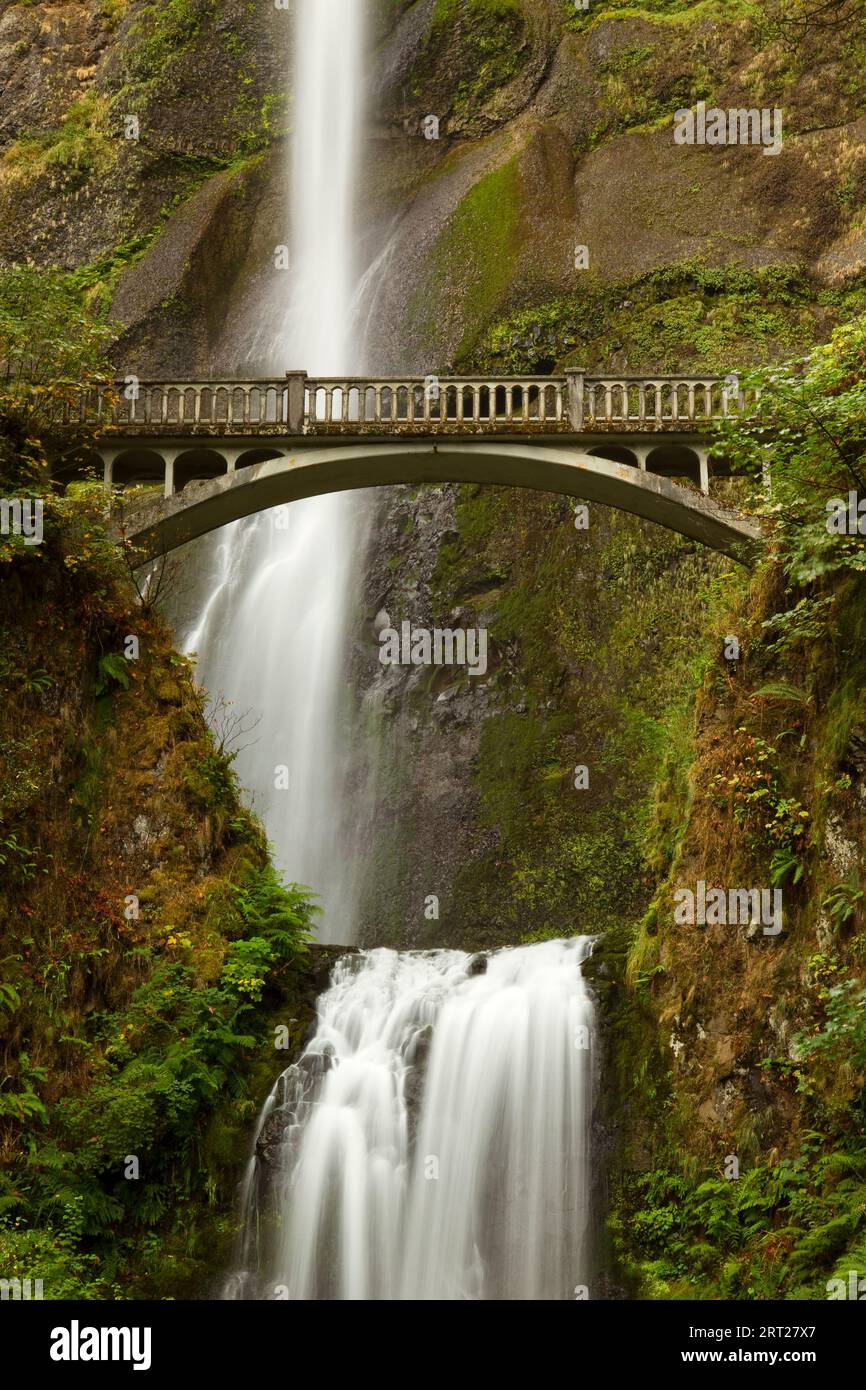 Multnomah Falls - Un'alta cascata con passerella pedonale. Foto Stock