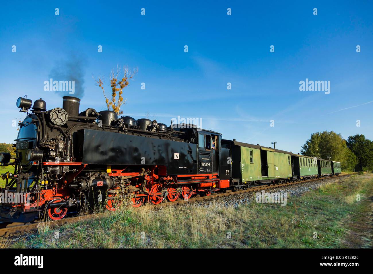 Per il compleanno annuale della linea della Loessnitzgrundbahn, molti treni speciali provenienti da epoche diverse della storia ferroviaria corrono a settembre. La Foto Stock