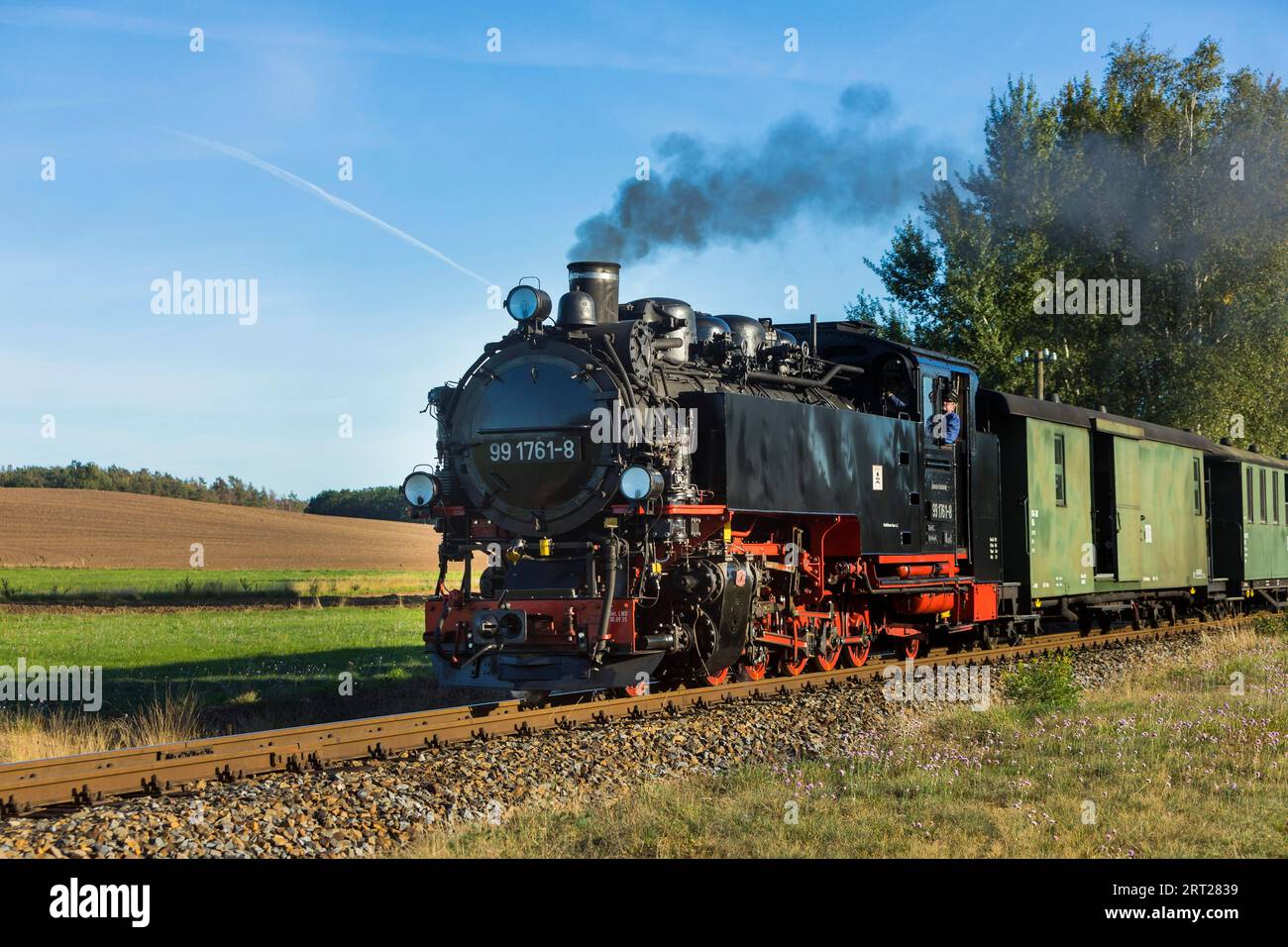 Per il compleanno annuale della linea della Loessnitzgrundbahn, molti treni speciali provenienti da epoche diverse della storia ferroviaria corrono a settembre. La Foto Stock