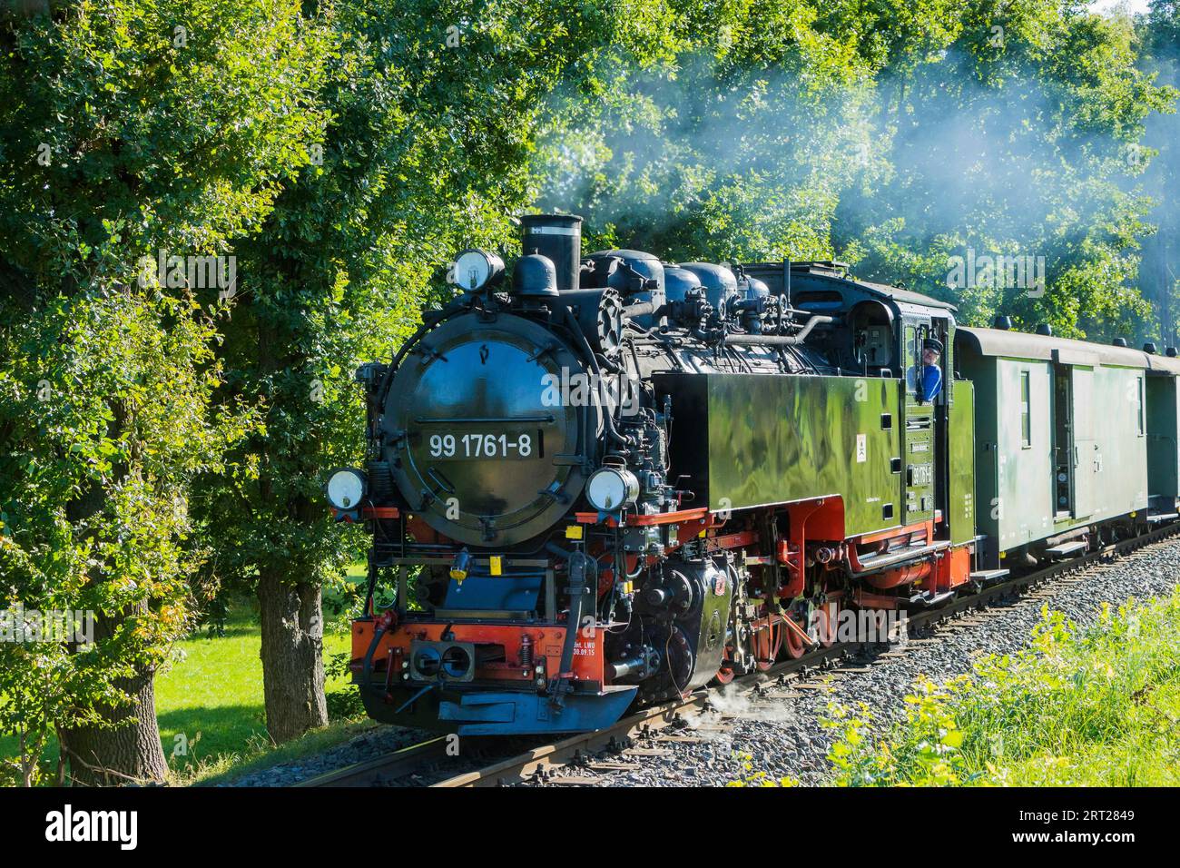 Per il compleanno annuale della linea della Loessnitzgrundbahn, molti treni speciali provenienti da epoche diverse della storia ferroviaria corrono a settembre. La Foto Stock