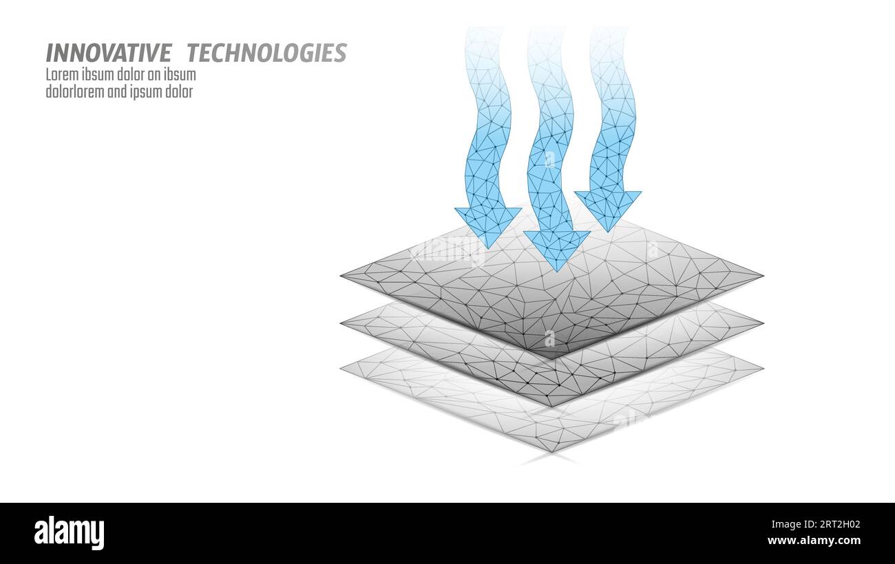 Tecnologia in tessuto traspirante modello a basso contenuto di poli. Rete metallica blu futuristica flusso d'aria digitale materiale morbido proprietà tessili illustrazione vettoriale. Illustrazione Vettoriale