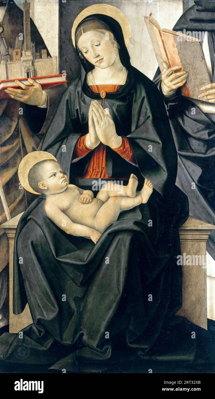 Marco Palmezzano (c.1459-c.1539) - Madonna in trono che adora il bambino con San Petronio e San Domenico 119x70 Foto Stock