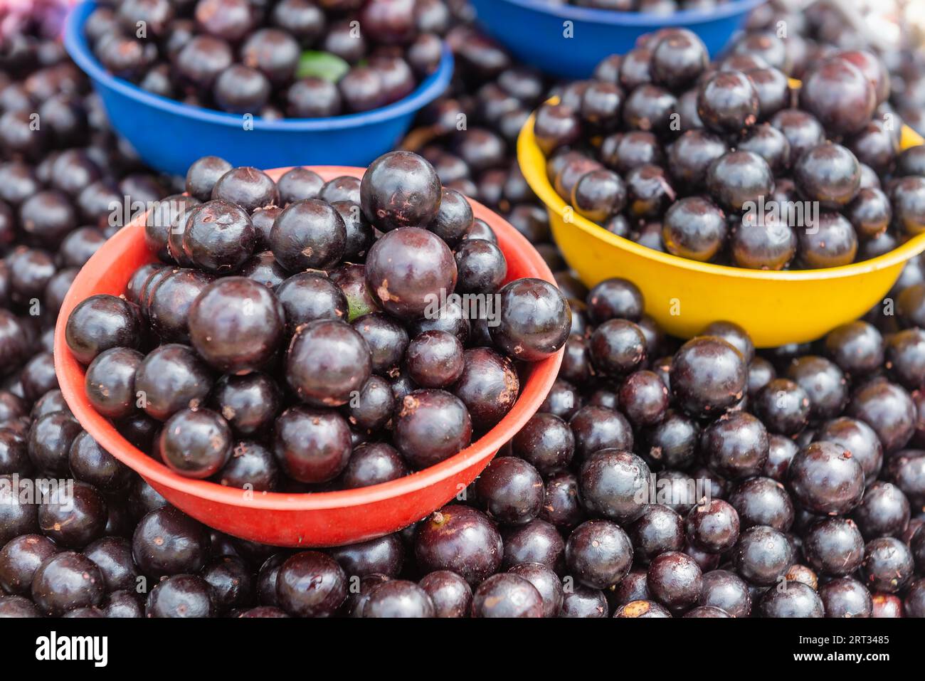 Cesti con jabuticaba sparsi al mercato di strada. Frutta brasiliana Foto Stock