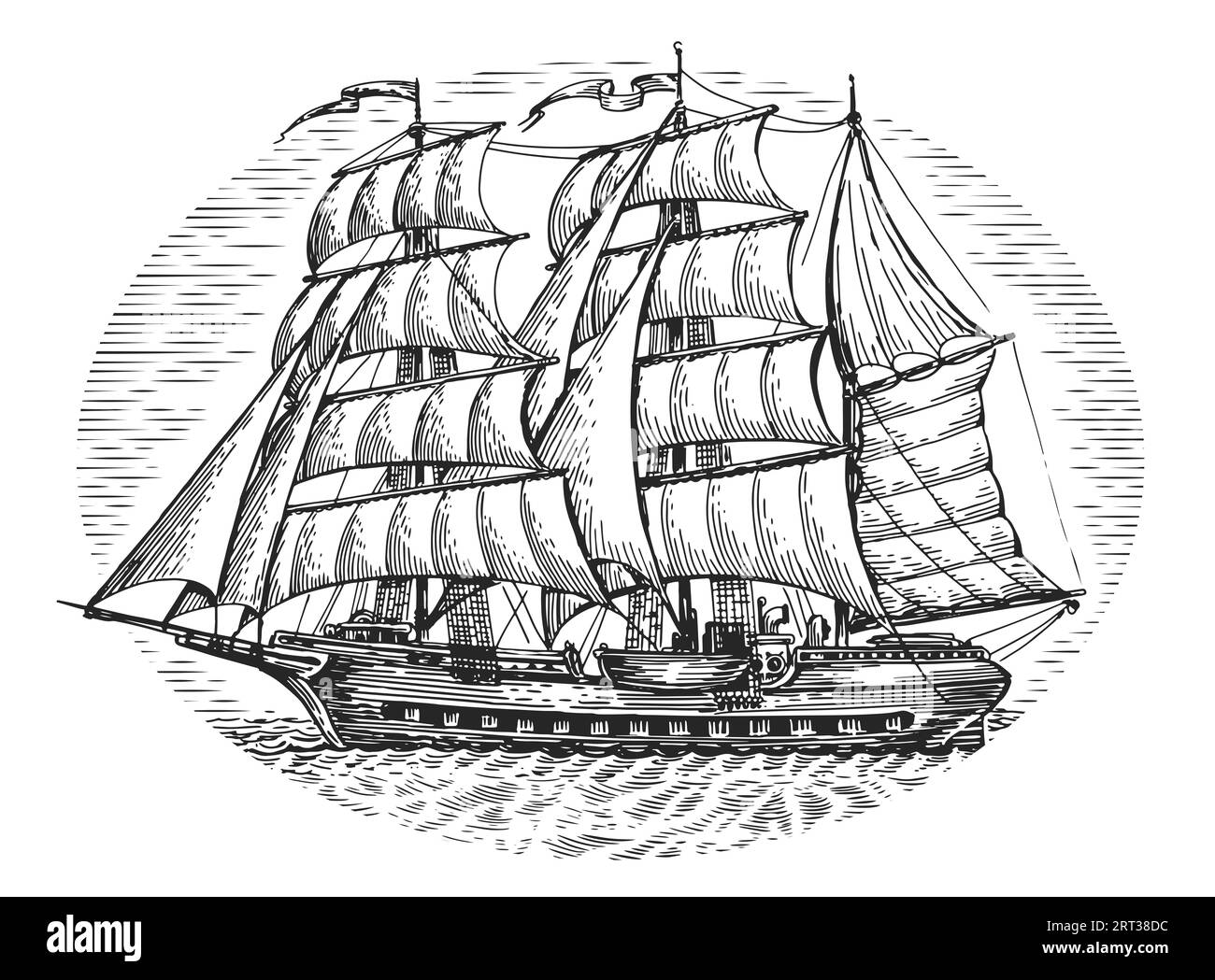 Barca a vela d'epoca in mare. Vecchia nave con illustrazione a vele in stile incisione Foto Stock