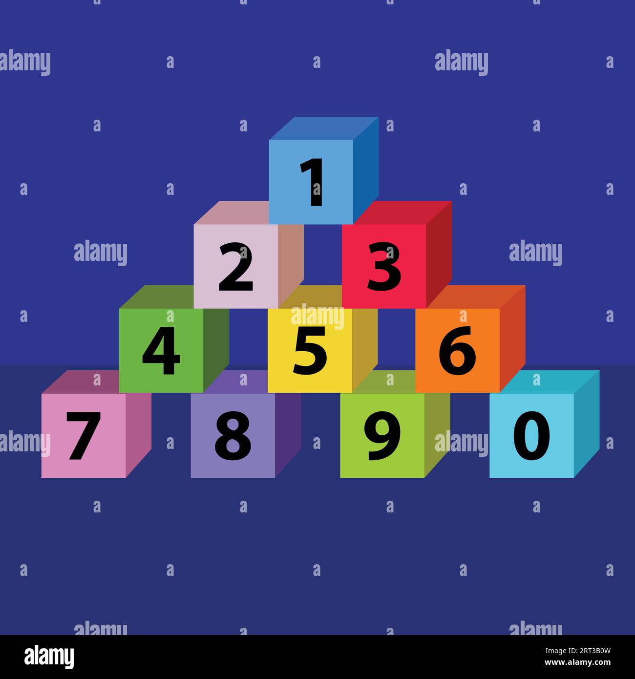 Blocchi di lettere per bambini da 0 a 9 colorati uno, due, tre, quattro, ecc., blocchi di numeri. illustrazione vettoriale. Coloratissimi blocchi di gioco per bambini Illustrazione Vettoriale