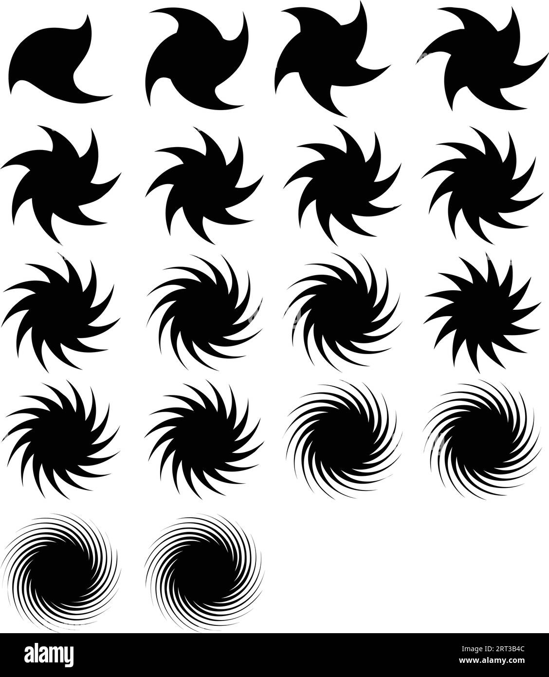 Spirali grafiche astratte: Movimento circolare, set di rotoli dinamici radiali.Design vettoriale, cerchio di turbolenza. forme rotanti. Set di rotoli, cerchio nero Illustrazione Vettoriale