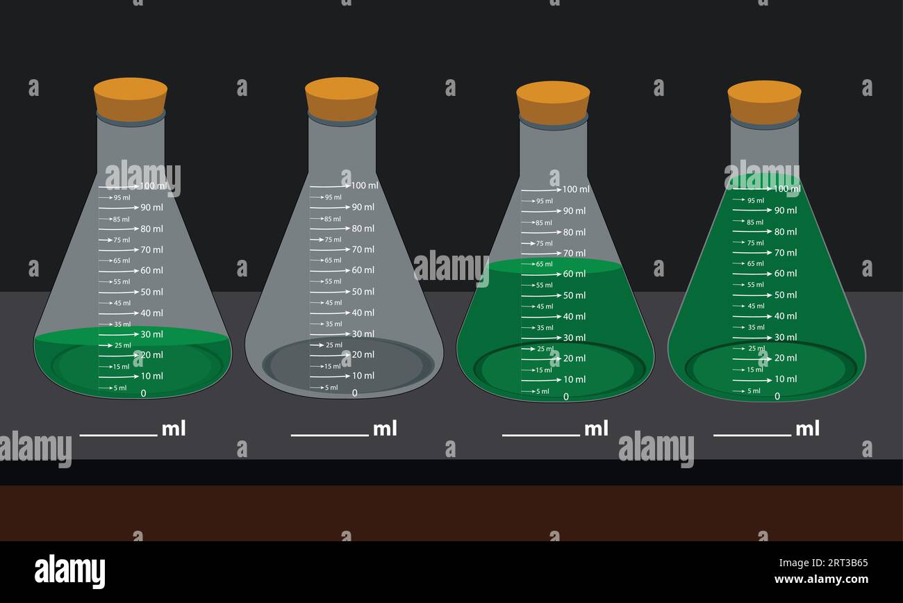 Matracci per misurazione chimica in vetro da laboratorio. con liquidi colorati in un set di illustrazioni vettoriali. Vetreria da laboratorio e contenitori con prodotti chimici. Illustrazione Vettoriale
