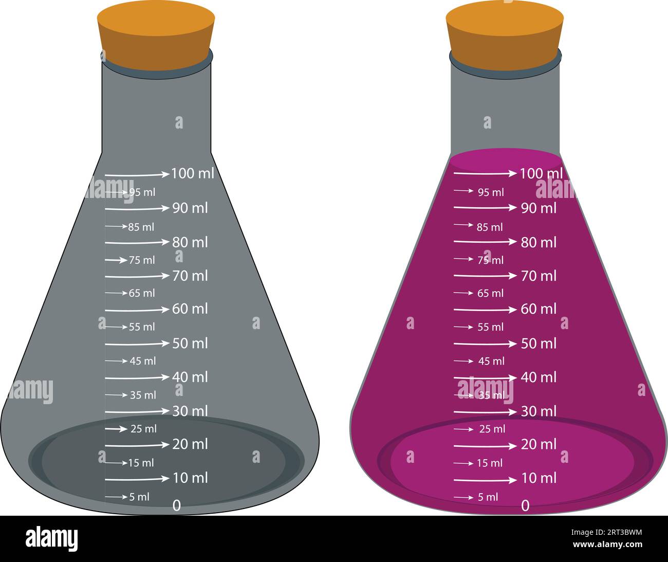 Matracci per misurazione chimica in vetro da laboratorio. con liquidi colorati in un set di illustrazioni vettoriali. Vetreria da laboratorio e contenitori con prodotti chimici. Illustrazione Vettoriale