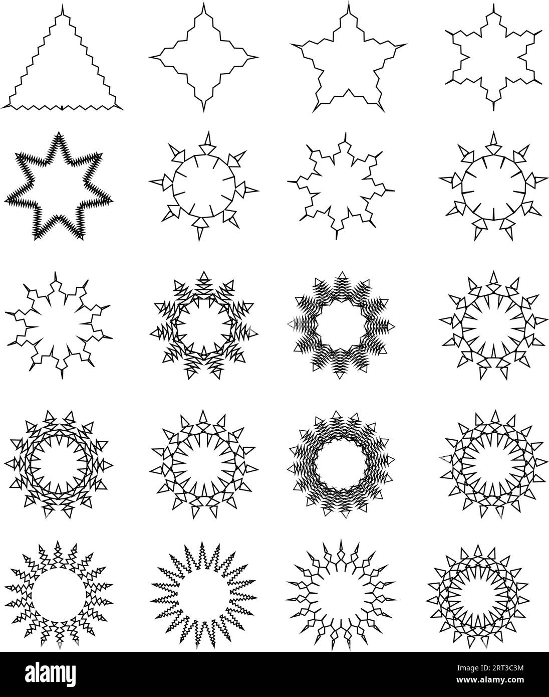 Set di stelle diverse: Risorse di colore nero per le stelle di Natale, le celebrazioni dei festival, il web o il design dei giochi e le icone delle app. Forme di base vettoriali. stelle retrò. Illustrazione Vettoriale