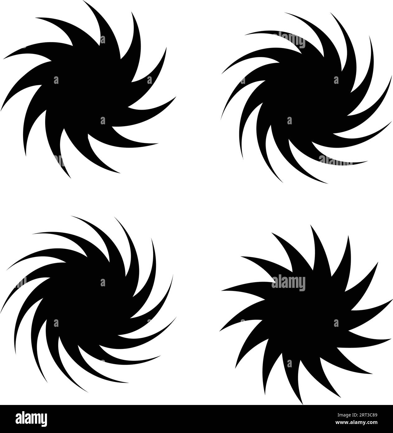 Spirali grafiche astratte: Movimento circolare, set di rotoli dinamici radiali.Design vettoriale, cerchio di turbolenza. forme rotanti. Set di rotoli, cerchio nero Illustrazione Vettoriale