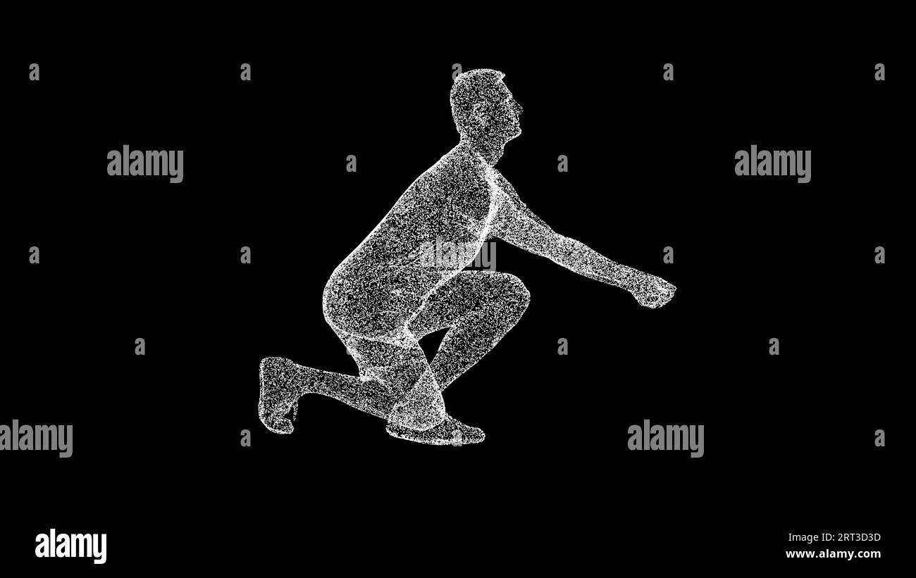 Giocatore di pallavolo 3D su sfondo nero. Concetto di sport e competizioni. Fitness e allenamento. Sfondo pubblicitario aziendale. Per titolo, testo Foto Stock
