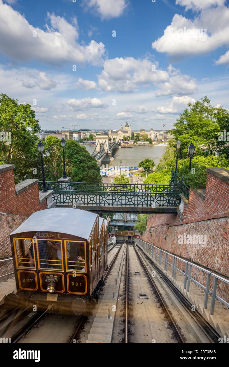 La funicolare del Castello di Buda con il fiume Danubio e Budapest sullo sfondo, l'Ungheria Foto Stock