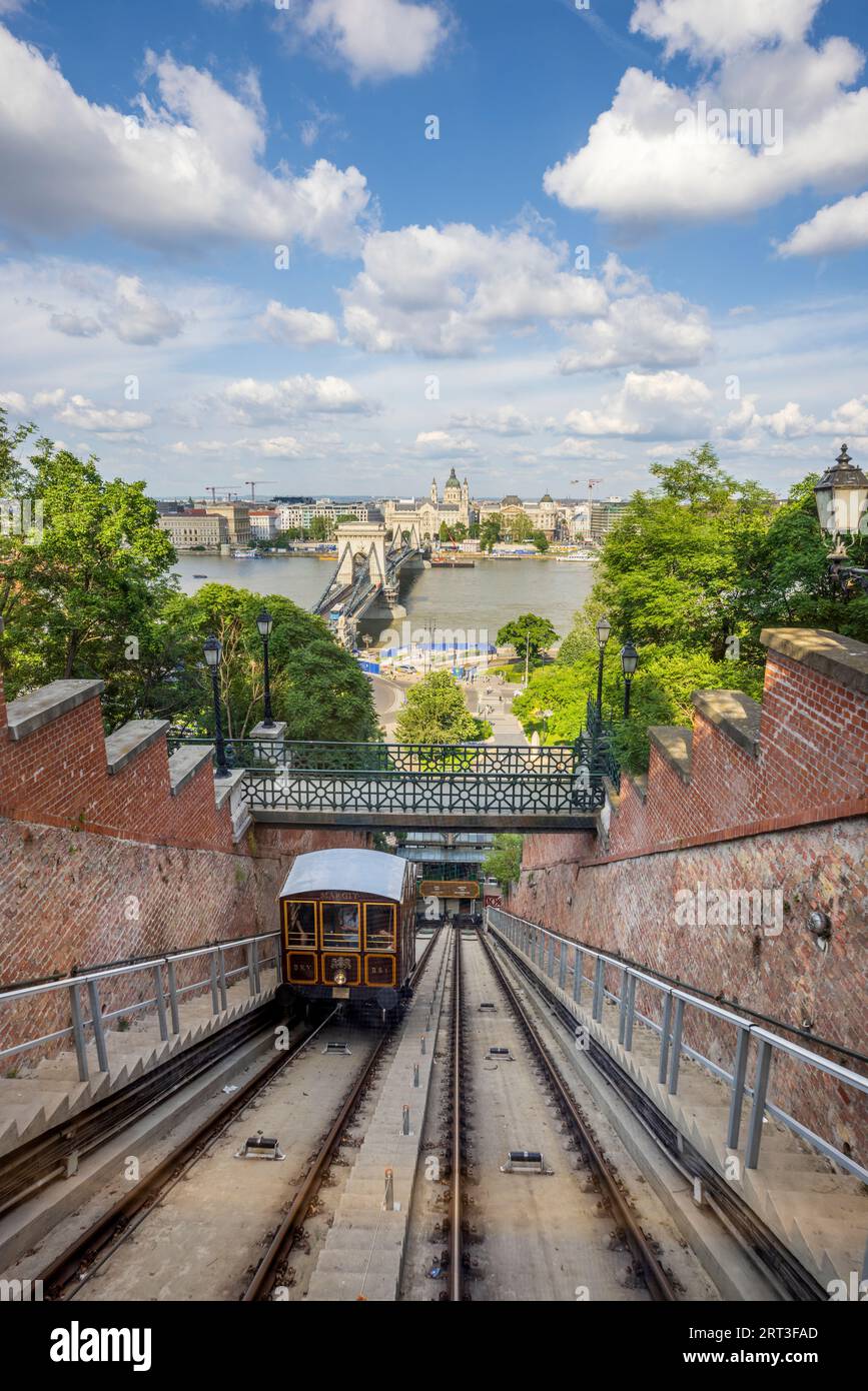 La funicolare del Castello di Buda con il fiume Danubio e Budapest sullo sfondo, l'Ungheria Foto Stock