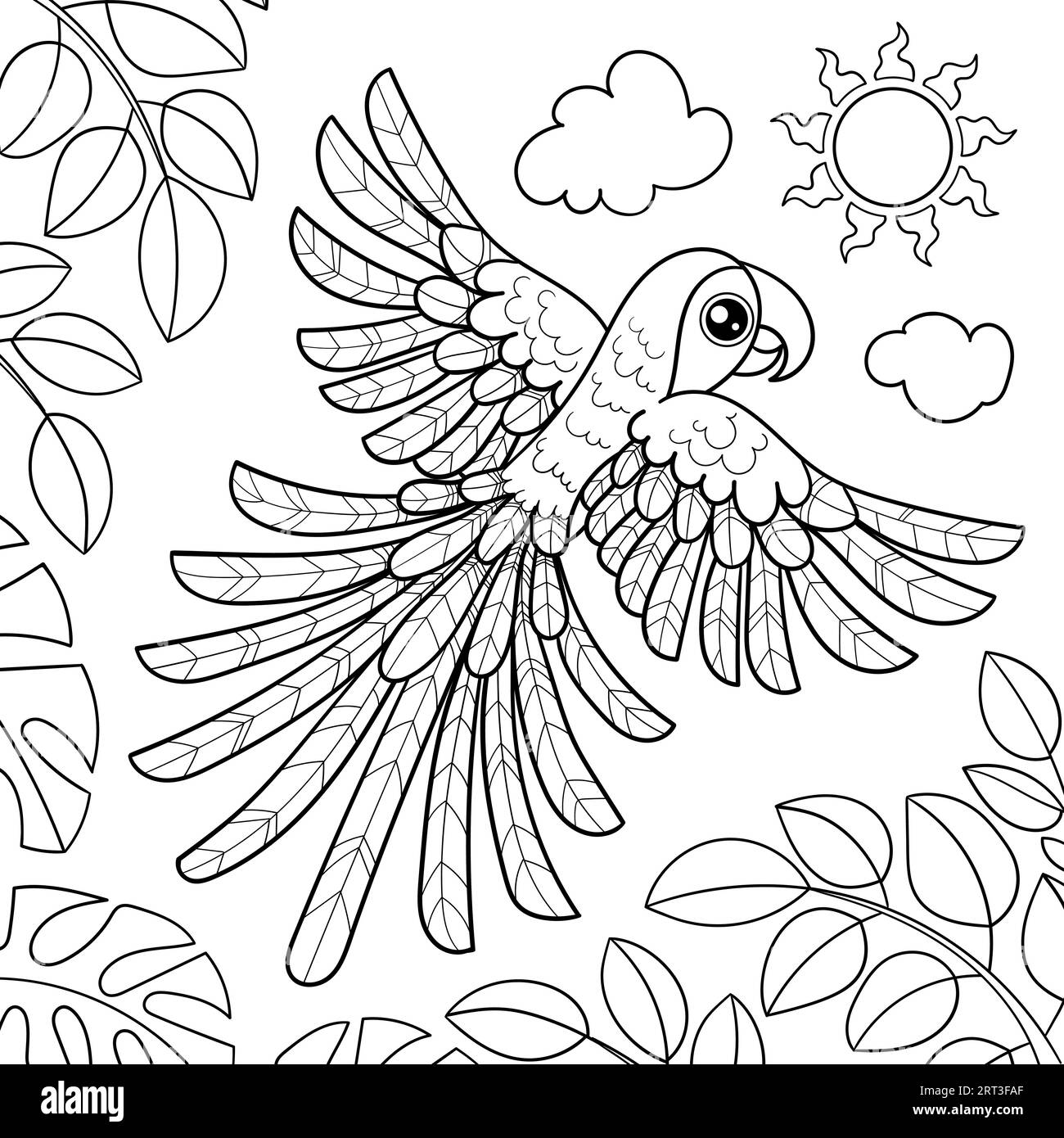 Il pappagallo di Macao vola nella giungla. Disegno lineare in bianco e nero. Per la progettazione per bambini di libri da colorare, stampe, poster, cartoline, puzzle, inceppato Illustrazione Vettoriale