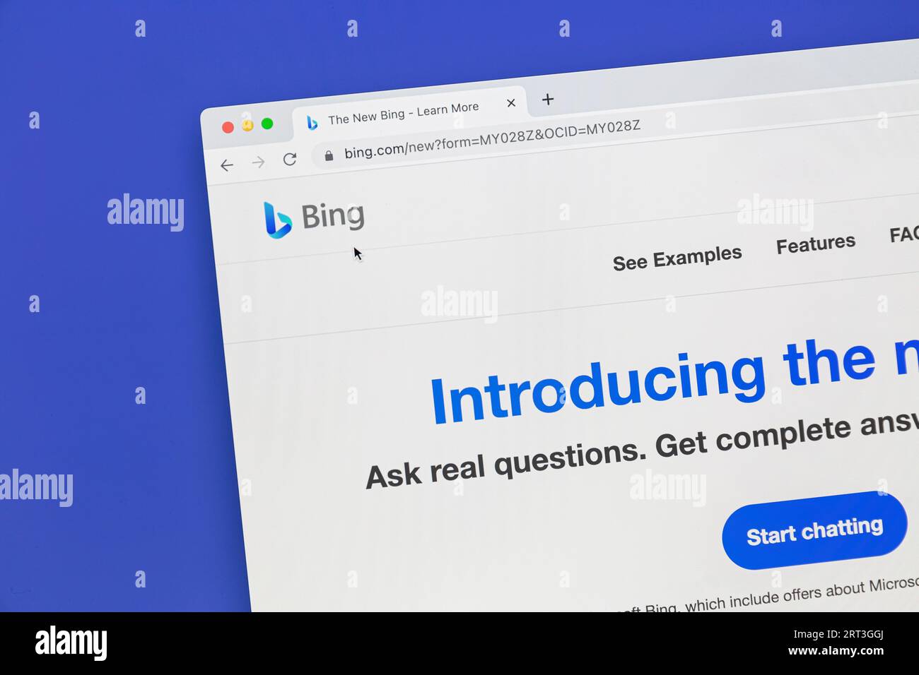 Ostersund, Svezia - 8 aprile 2023: Sito Web Microsoft Bing Microsoft il nuovo motore di ricerca Bing. Il tuo copilota basato sull'intelligenza artificiale per il Web. Foto Stock