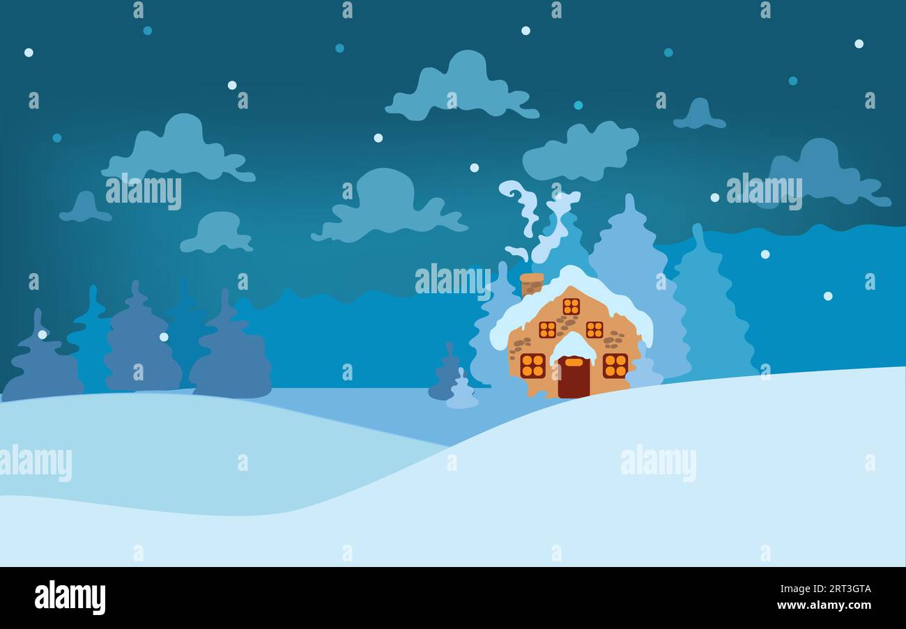 Paesaggio invernale da favola. Una casa accogliente e alberi di abete rosso blu in una valle innevata sotto le nuvole lussureggianti. Illustrazione vettoriale in stile cartone animato. Illustrazione Vettoriale