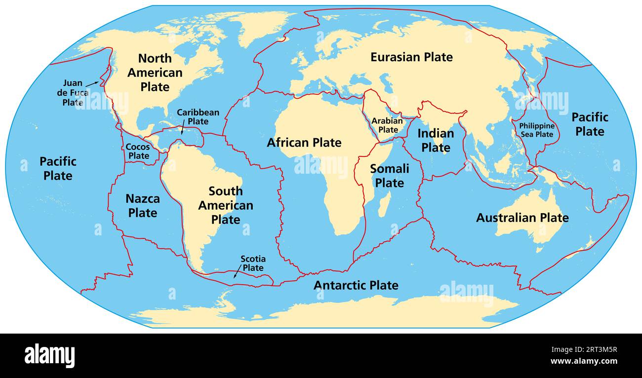 Mappa delle principali placche tettoniche della Terra. I sedici pezzi principali di crosta e mantello più alto della Terra, chiamati litosfera. Foto Stock