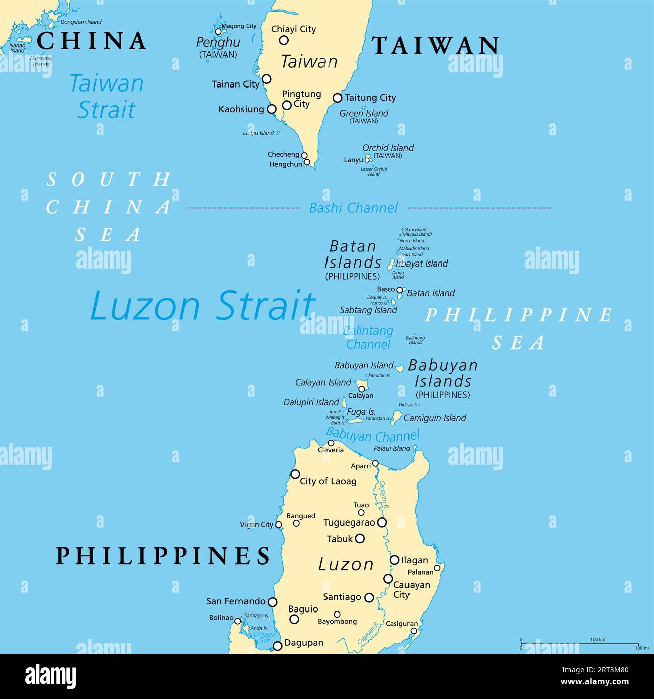 Luzon Strait, mappa politica. Stretto tra Luzon e Taiwan, che collega il Mar delle Filippine al Mar Cinese meridionale nell'Oceano Pacifico occidentale. Foto Stock
