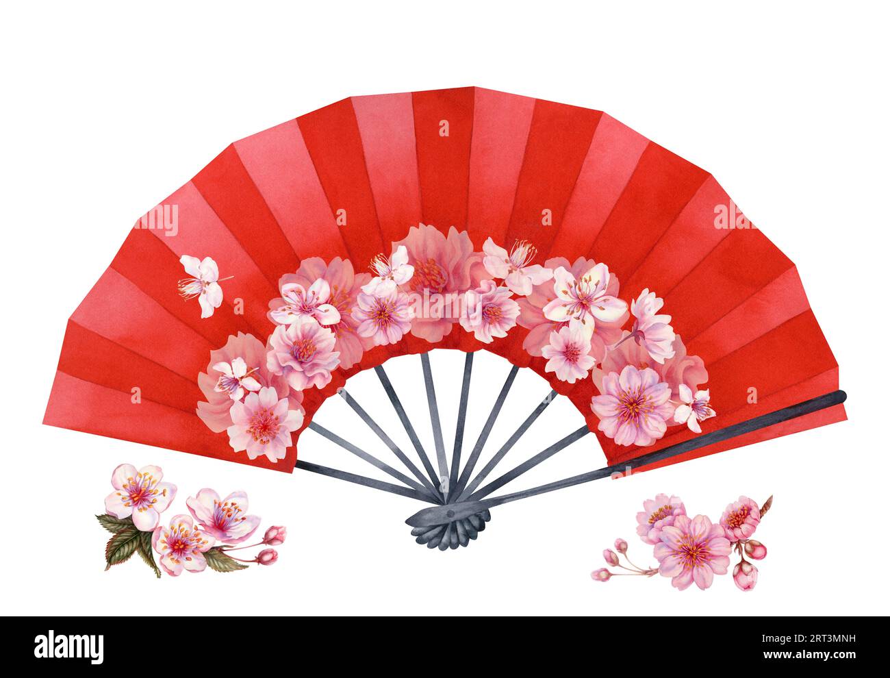 Illustrazione ad acquerello di un ventilatore a mano di carta aperto rosso con fiori di ciliegio. Elemento isolato su sfondo bianco Foto Stock