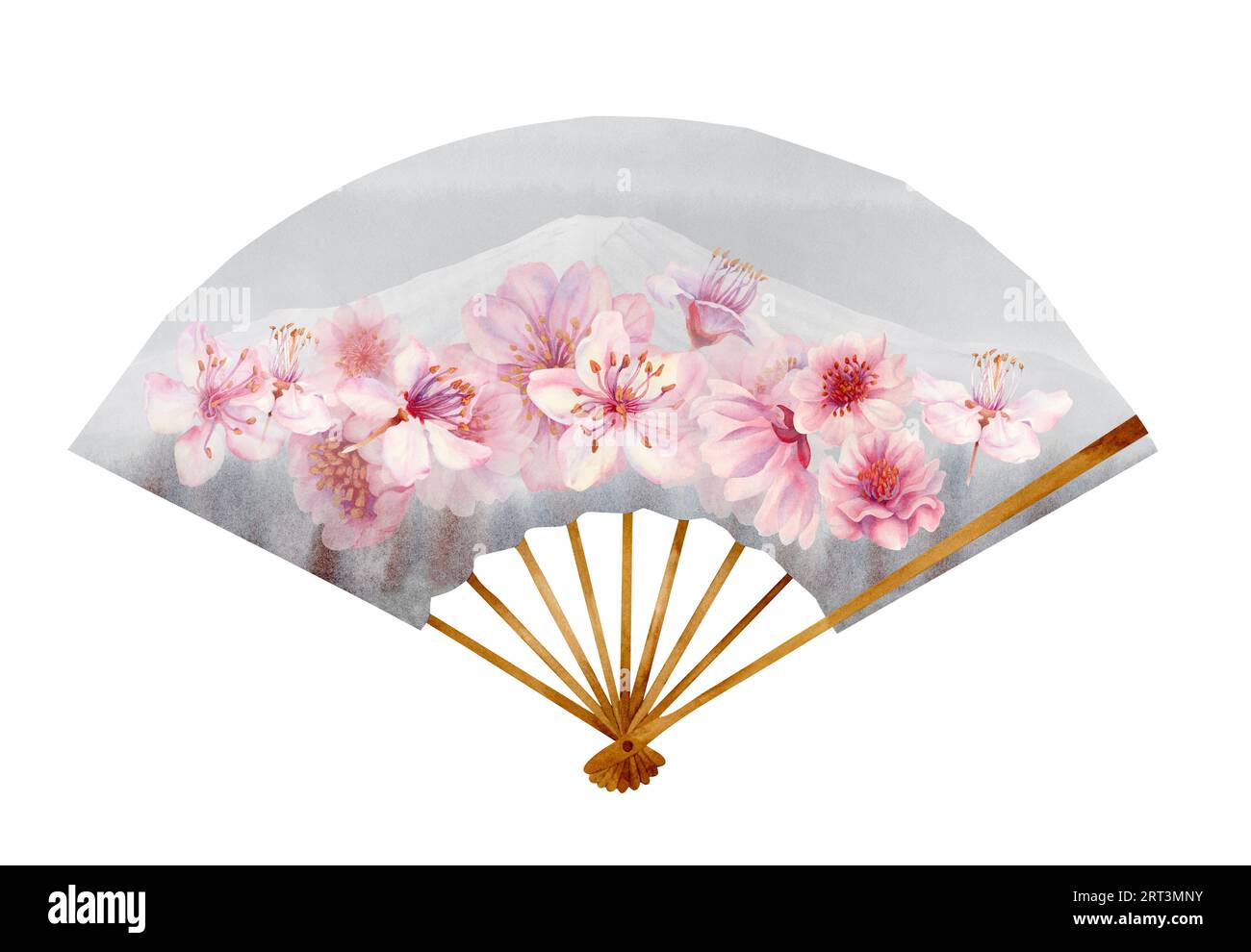 Illustrazione ad acquerello di un ventilatore di carta aperto grigio con fiori di ciliegio e Monte Fuji. Elemento isolato su sfondo bianco Foto Stock