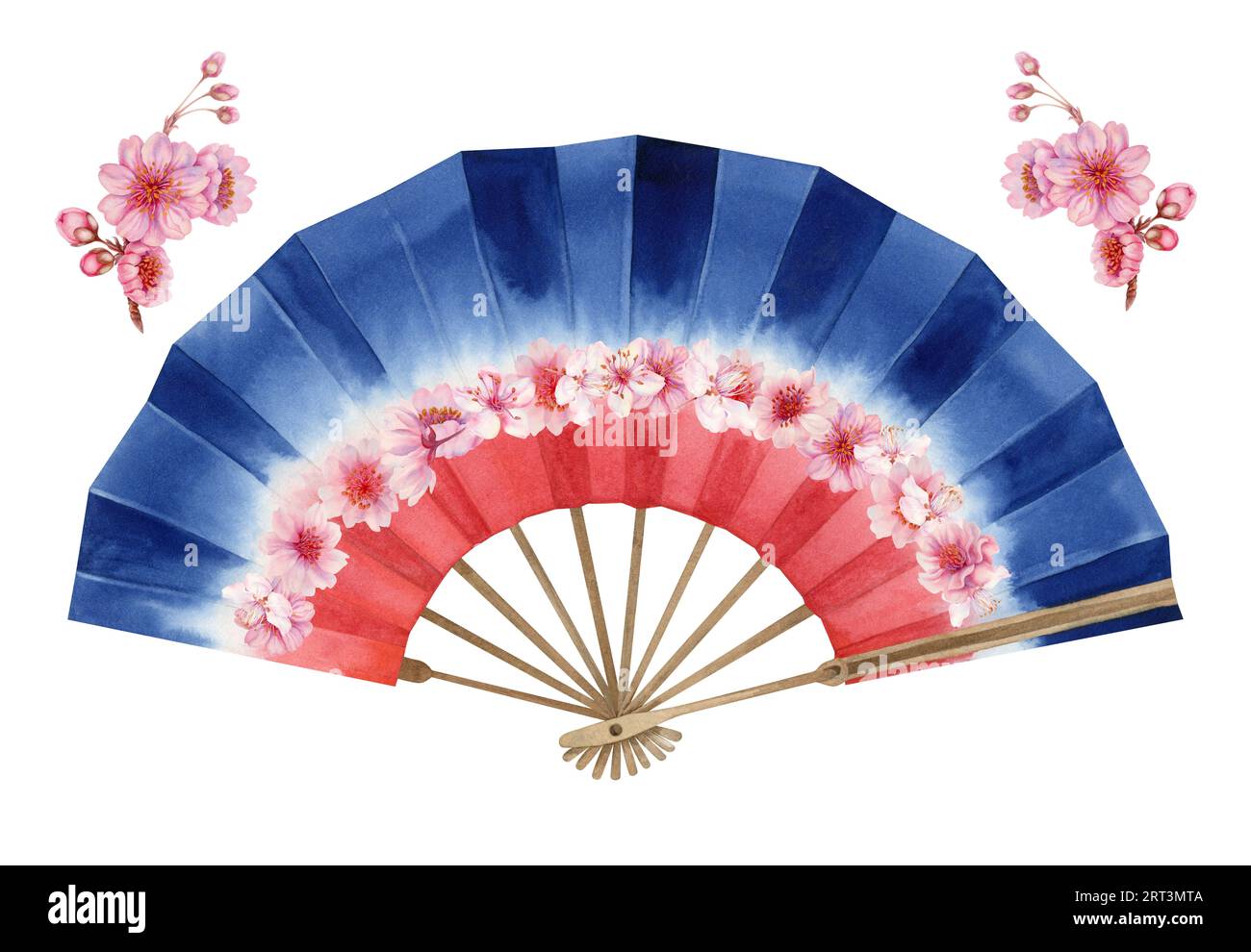 Illustrazione ad acquerello di un ventilatore a mano di carta aperta rosso, bianco e blu con fiori di ciliegio. Elemento isolato su sfondo bianco Foto Stock