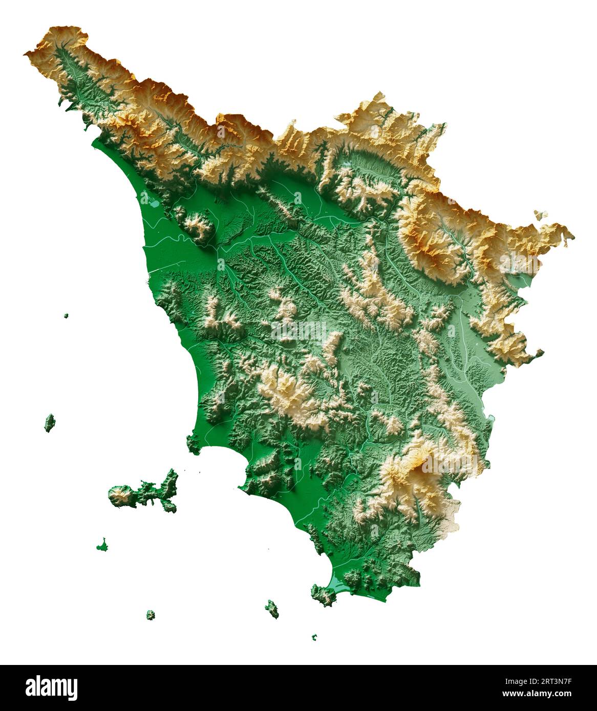 Toscana (Toscana). Una regione d'Italia. Rendering 3D dettagliato di una mappa di rilievo ombreggiata, fiumi, laghi. Colorato in base all'elevazione. Sfondo bianco puro. Foto Stock