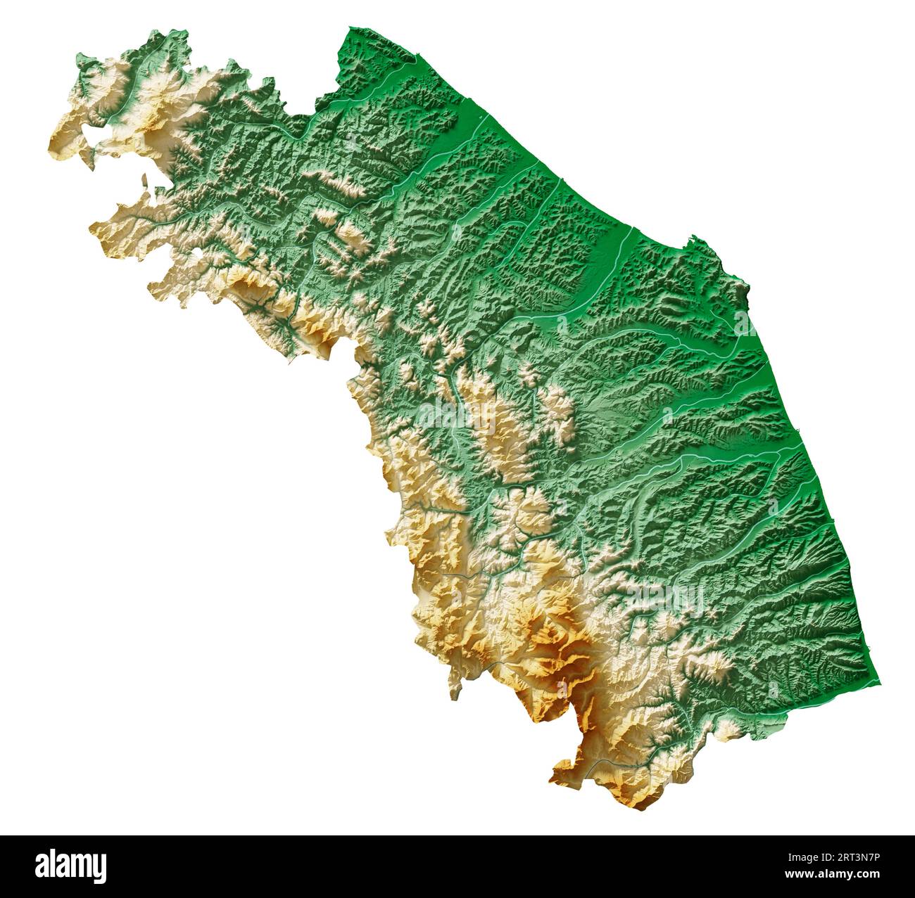 Marche. Una regione d'Italia. Rendering 3D dettagliato di una mappa di rilievo ombreggiata, fiumi, laghi. Colorato in base all'elevazione. Sfondo bianco puro. Foto Stock