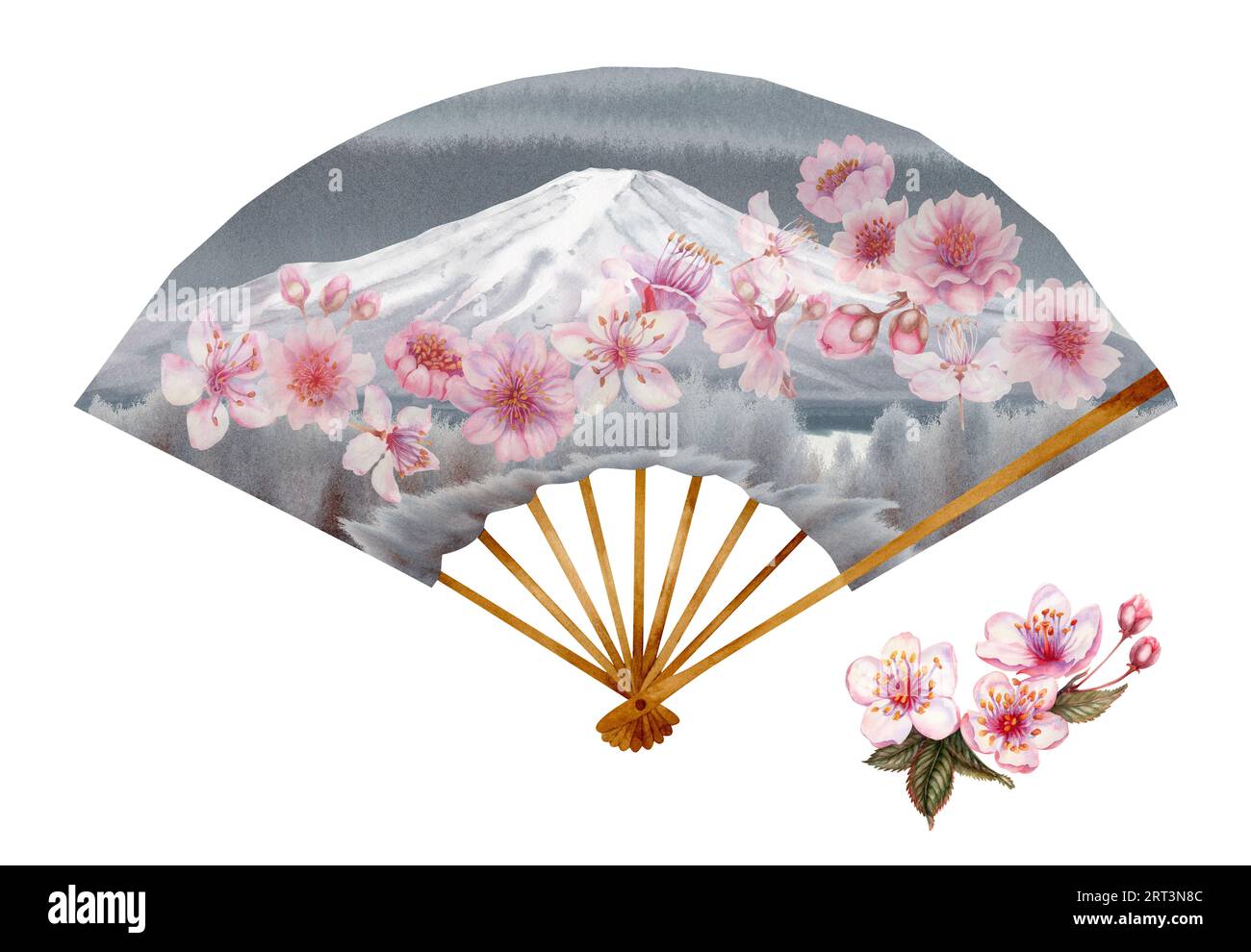 Illustrazione ad acquerello di un ventilatore di carta aperto grigio con fiori di ciliegio e Monte Fuji. Elemento isolato su sfondo bianco Foto Stock