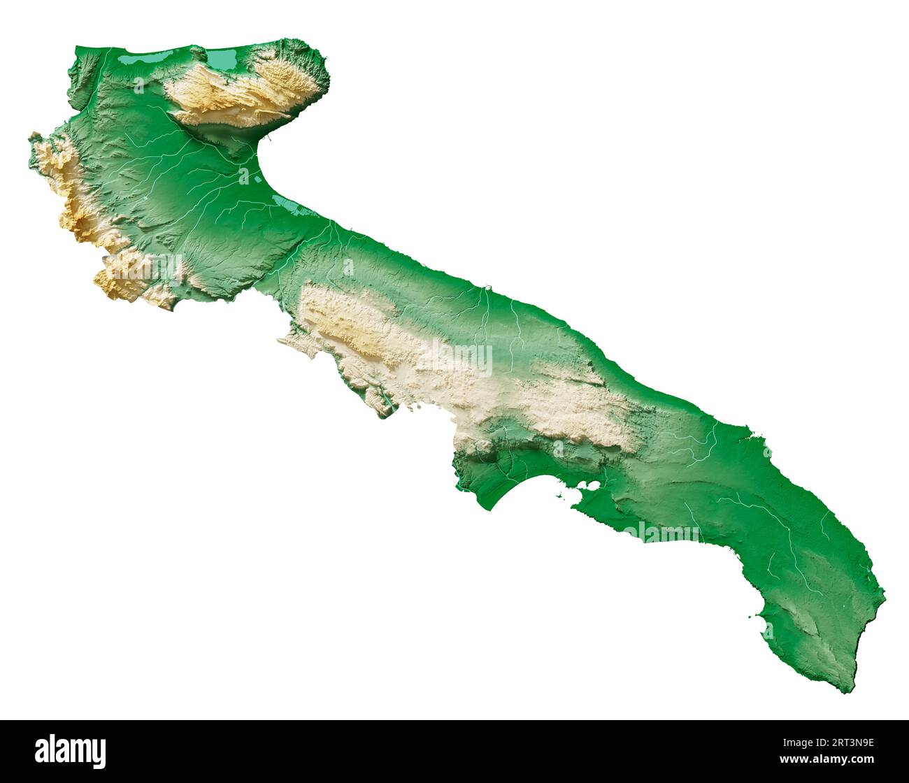 Puglia (Puglia). Una regione d'Italia. Rendering 3D dettagliato di una mappa di rilievo ombreggiata, fiumi, laghi. Colorato in base all'elevazione. Sfondo bianco puro. Foto Stock