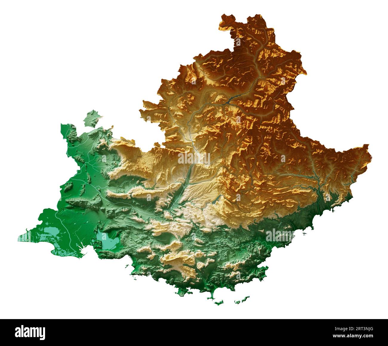 Provence-Alpes-Côte d'Azur. Regione della Francia. Rendering 3D dettagliato di una mappa di rilievo ombreggiata, fiumi, laghi. Colorato in base all'elevazione. Sfondo bianco puro Foto Stock