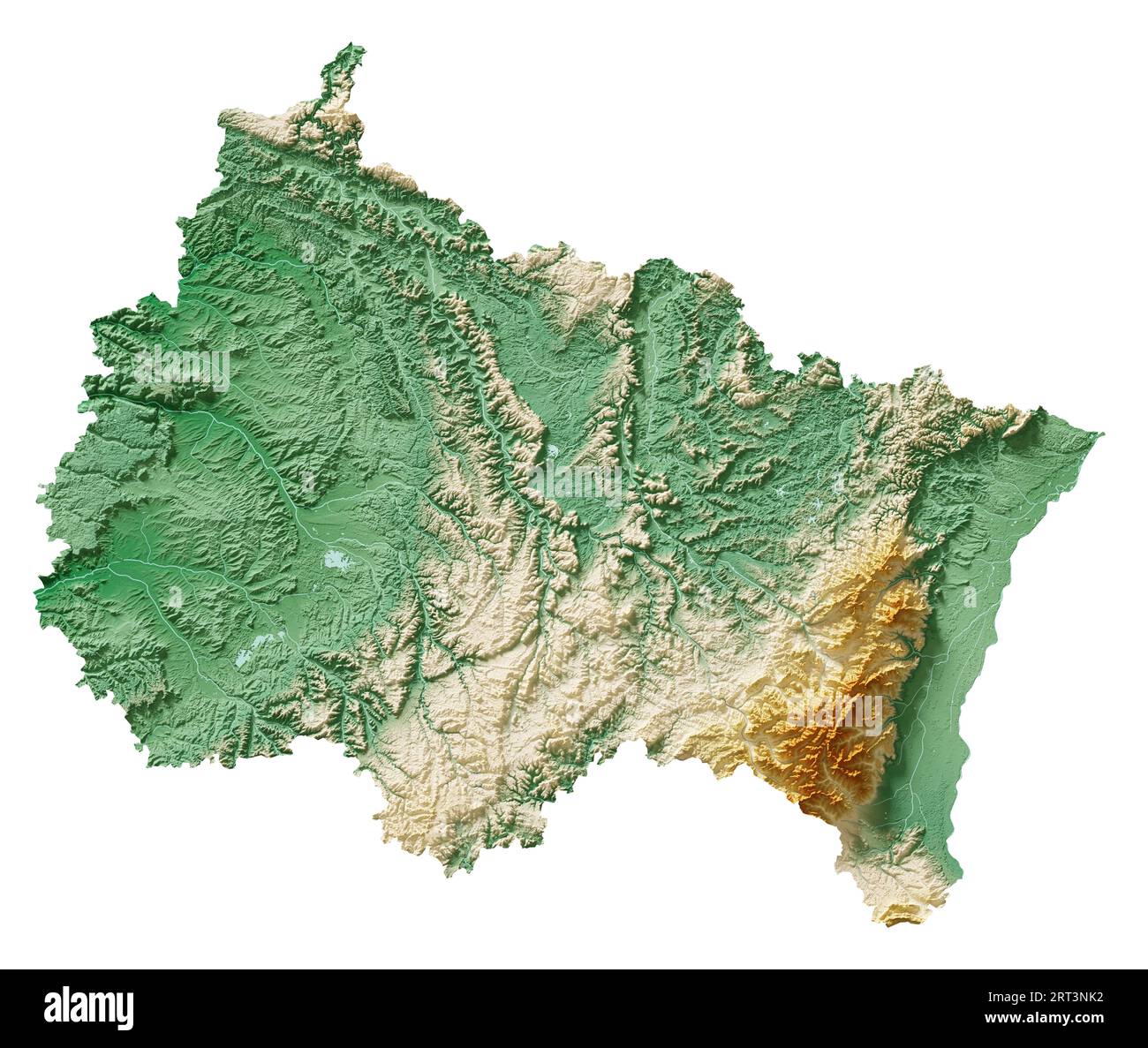 Grand Est. Una regione della Francia. Rendering 3D dettagliato di una mappa di rilievo ombreggiata, fiumi, laghi. Colorato in base all'elevazione. Sfondo bianco puro. Foto Stock