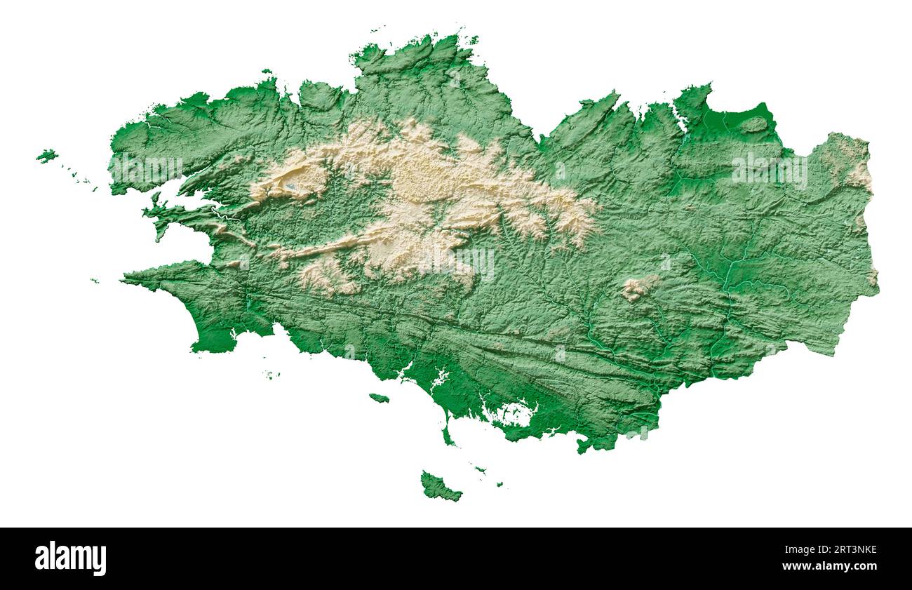 Bretagne (Bretagna). Una regione della Francia. Rendering 3D dettagliato di una mappa di rilievo ombreggiata, fiumi, laghi. Colorato in base all'elevazione. Sfondo bianco puro. Foto Stock
