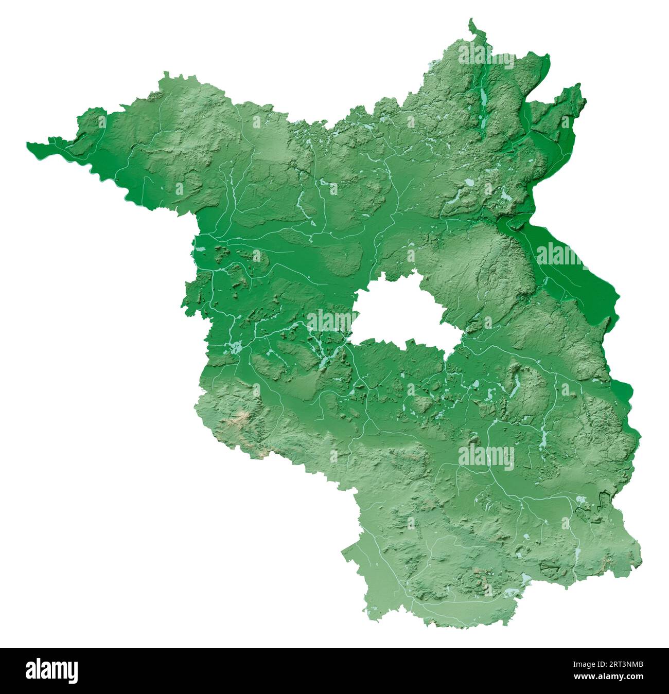 Brandeburgo. Stato tedesco (Land). Rendering 3D dettagliato di una mappa di rilievo ombreggiata con fiumi e laghi. Colorato in base all'elevazione. Sfondo bianco puro. Foto Stock