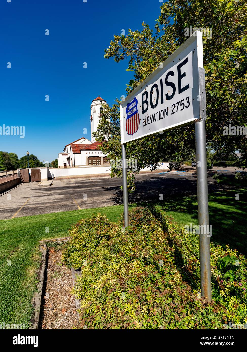 Iconico deposito ferroviario a Boise, Idaho, con il cartello Union Pacific Foto Stock