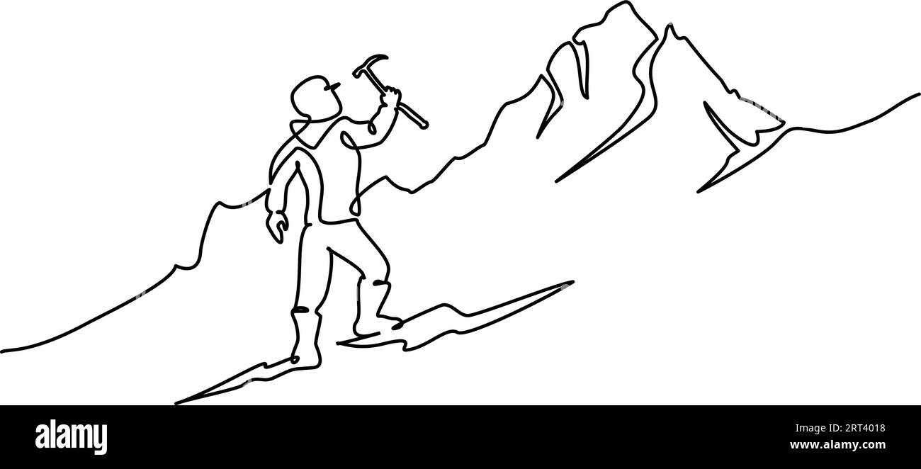 L'alpinista sale in cima alla montagna. Giornata nazionale di arrampicata sulle montagne. Disegno continuo a una linea. Illustrazione vettoriale grafica di contorno Illustrazione Vettoriale