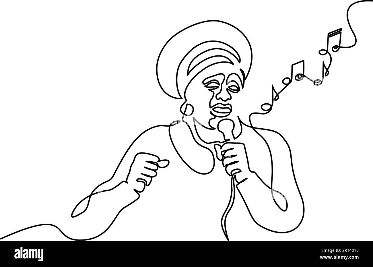 Cantante africana canta una canzone con il microfono nelle mani. Disegno continuo a una linea. Illustrazione vettoriale bozza art . Illustrazione Vettoriale