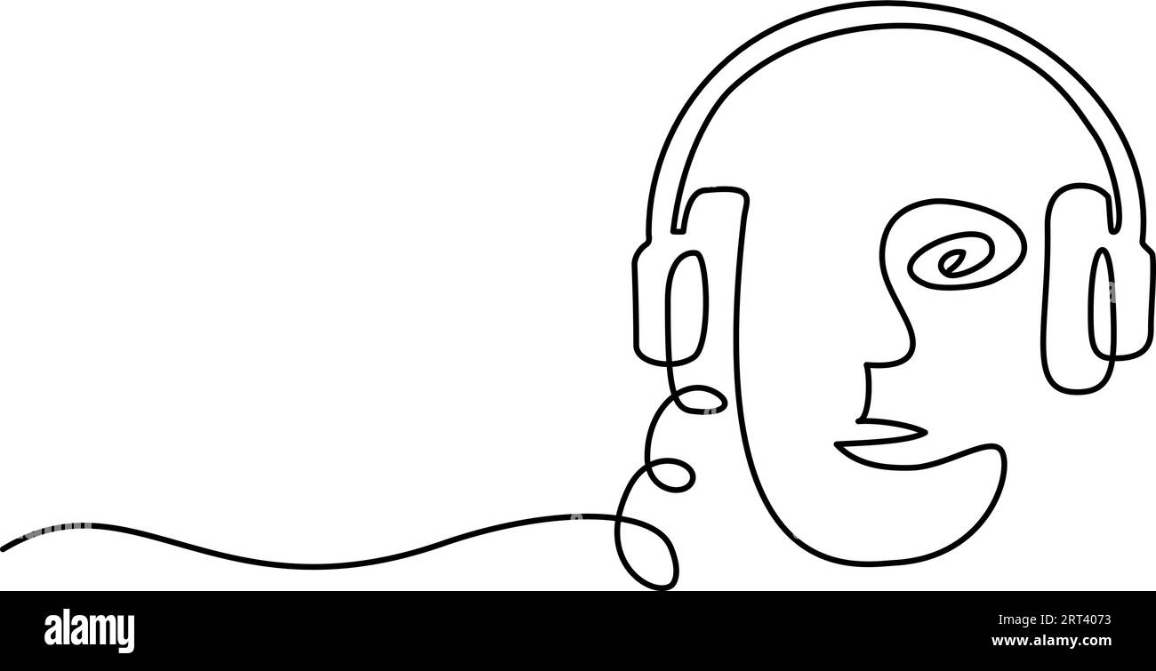 Uomo astratto che ascolta musica in cuffia. Disegno continuo a una linea. Illustrazione vettoriale grafica di contorno Illustrazione Vettoriale