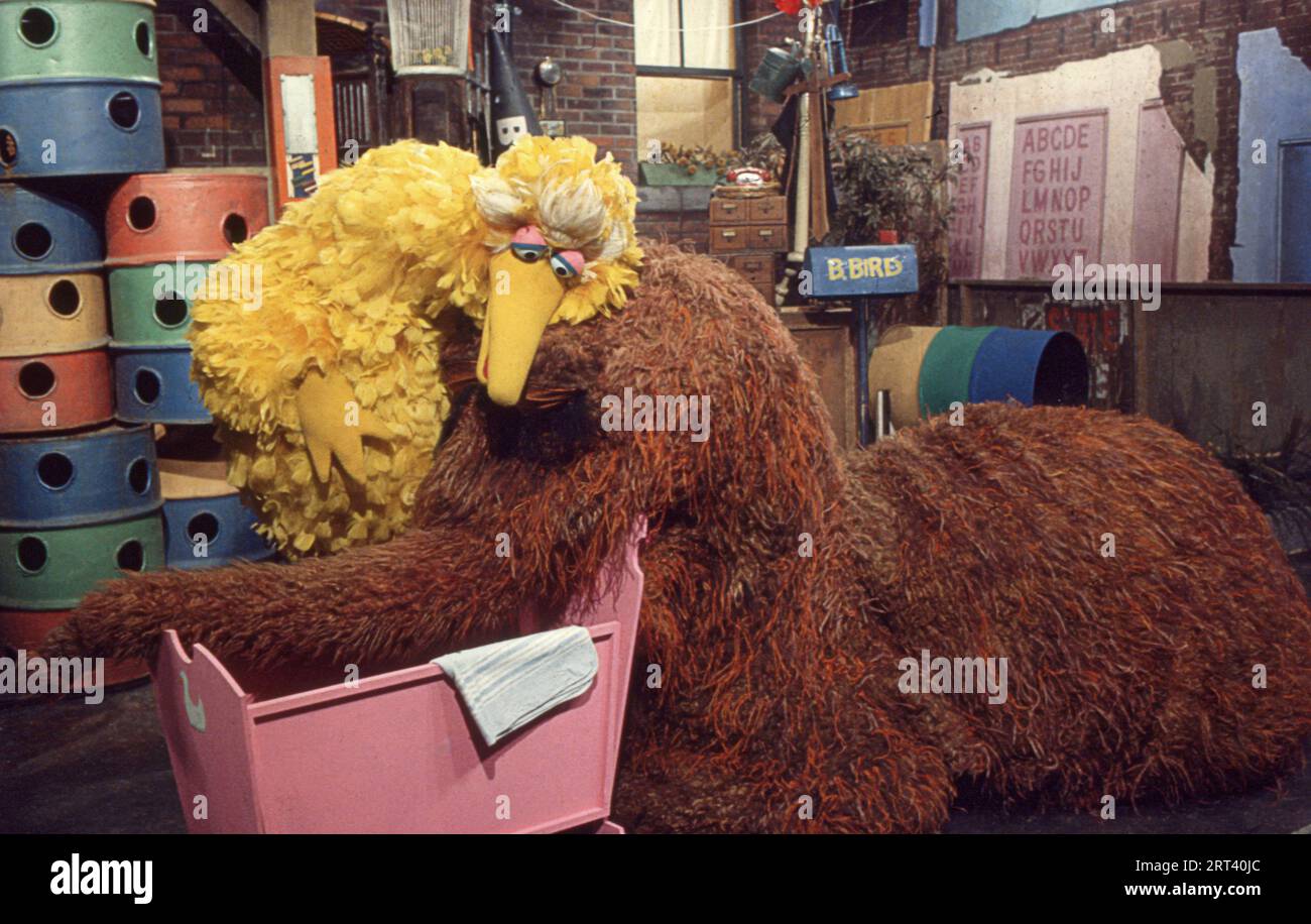 Una foto del 1978 delle prove sul set di Sesame Street che mostra Big Bird (Carroll Spinney) giocoso e affettuoso con Mr. Snuffleupagus (Jerry Neslon). Nell'Upper West Side di Manhattan. Foto Stock