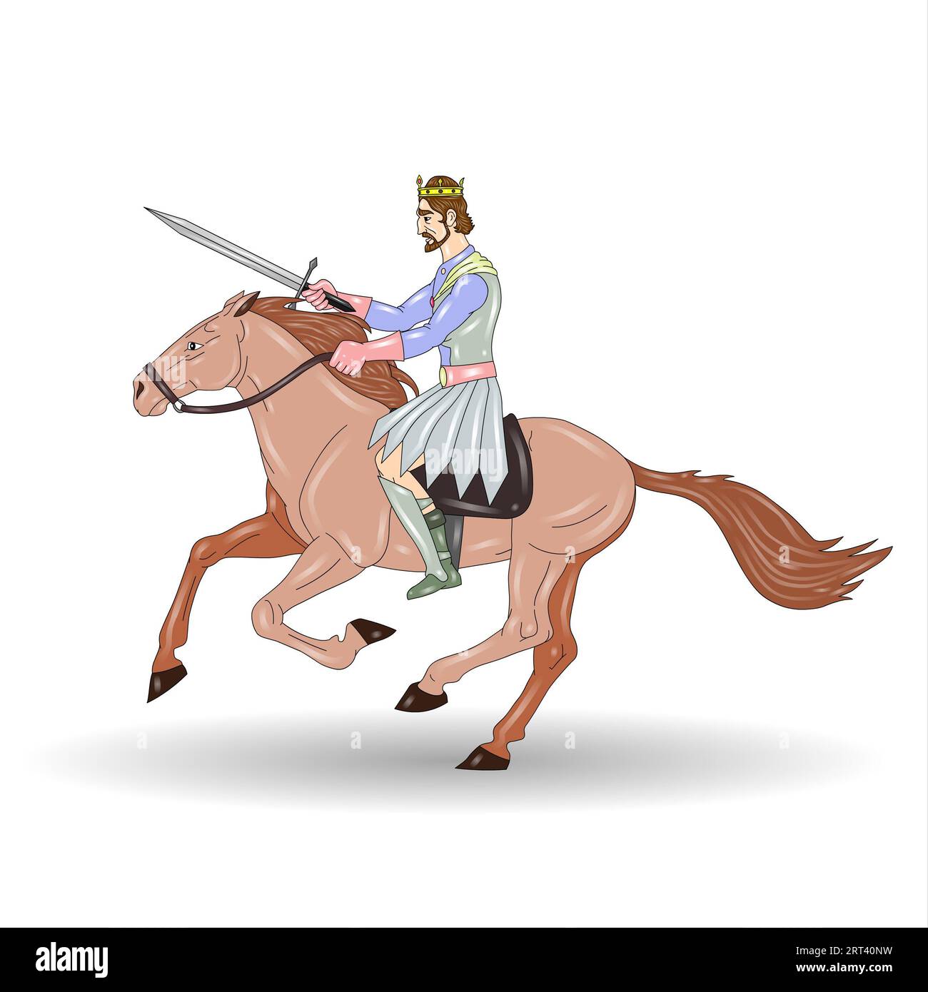 Cavaliere a cavallo su sfondo bianco. Illustrazione vettoriale in stile cartone animato Foto Stock