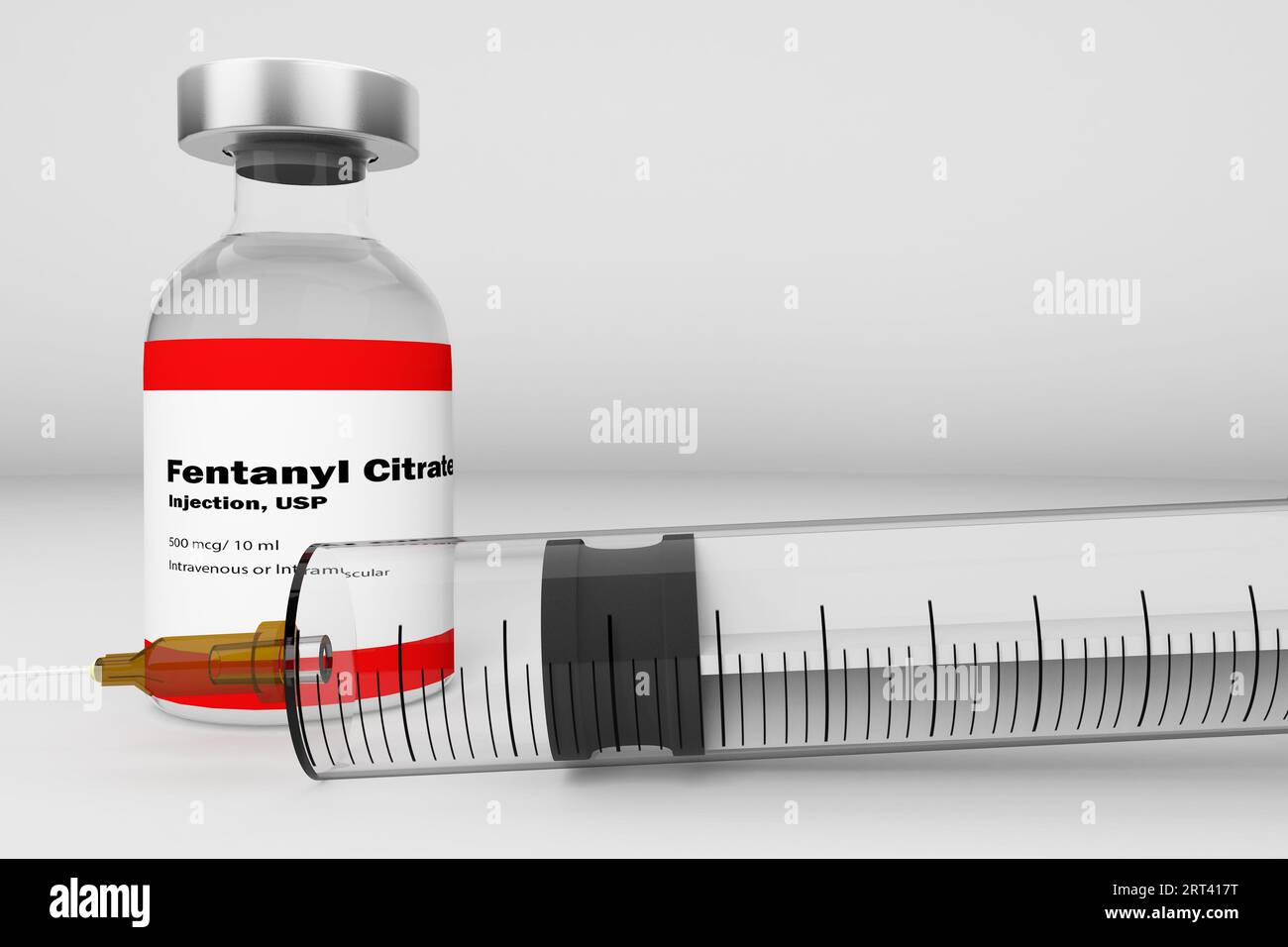 Bottiglia spettacolare di fentanil citrato con una siringa su sfondo bianco. Rendering 3D. Foto Stock