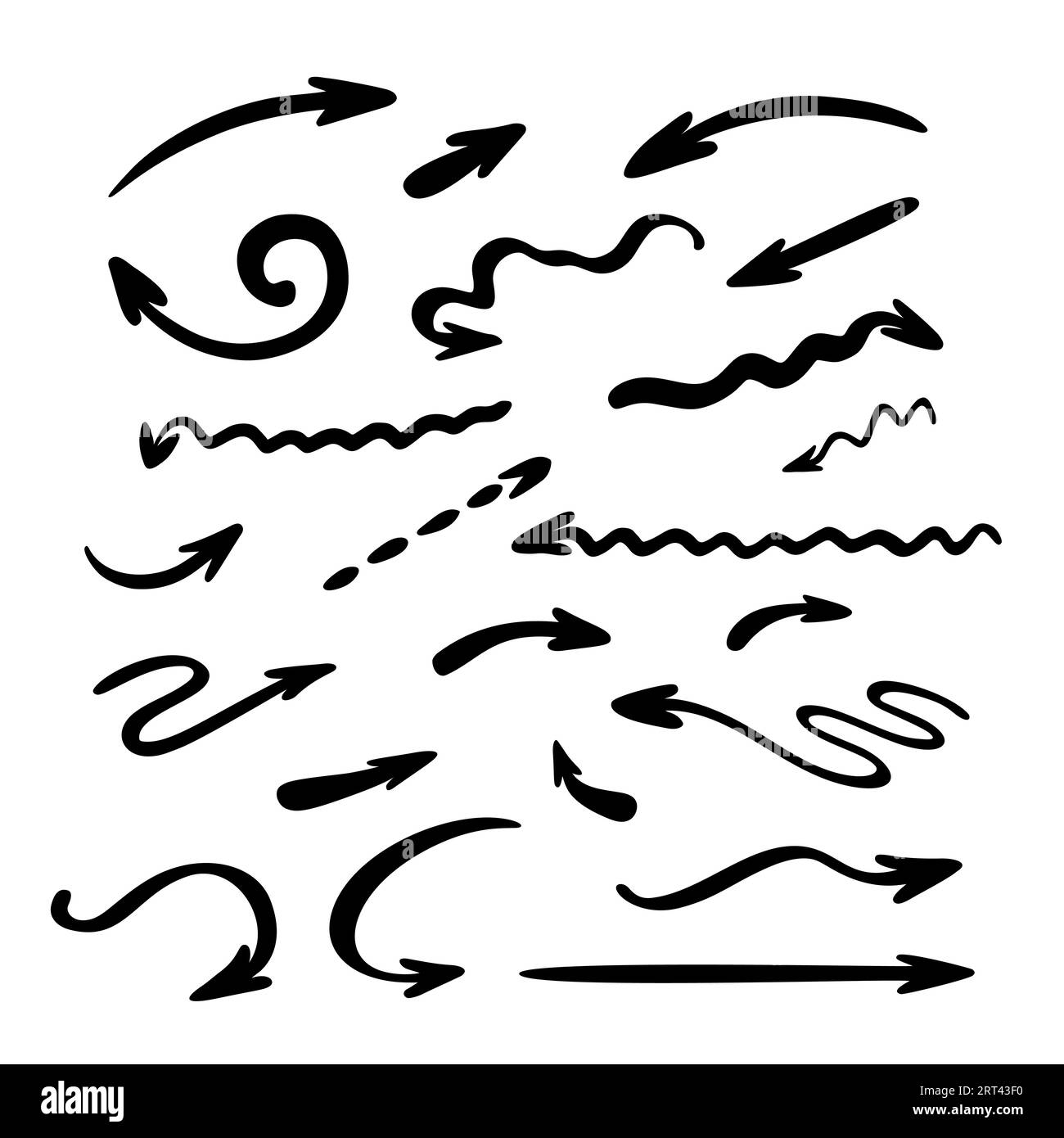 Le frecce consentono di impostare semplici illustrazioni vettoriali disegnate a mano, segnali a forma libera che puntano in direzioni diverse Illustrazione Vettoriale