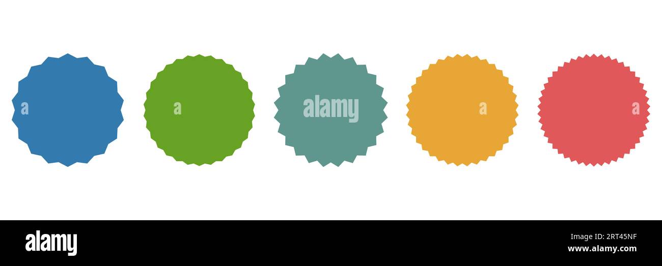 Set di stemmi Starburst e Sunburst. Cerchio adesivo con bordo onde Illustrazione Vettoriale