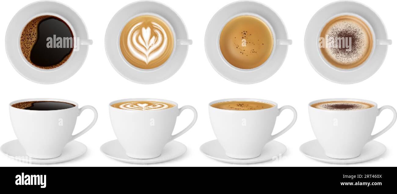 Vista dall'alto realistica tazza di caffè bianca. Cappuccino, espresso e latte isolati. Modello 3d Cafe CUPS. Bevande energetiche mattutine con latte e set vettoriale pido Illustrazione Vettoriale
