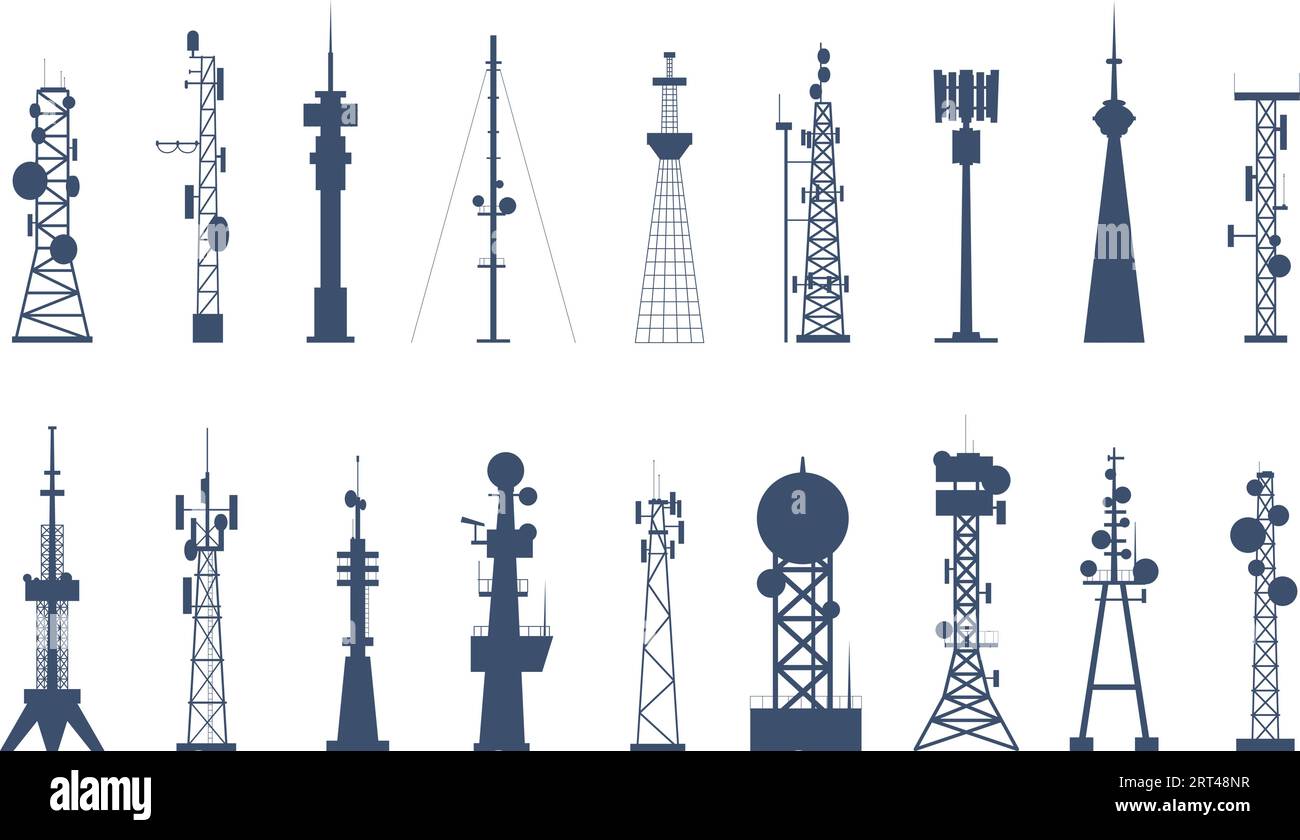 Sagome isolate della torre dell'antenna, cella da 5 g e apparecchiature di segnale GSM. Torri di comunicazione Internet, icone di telecomunicazione o radio flat recenti Illustrazione Vettoriale