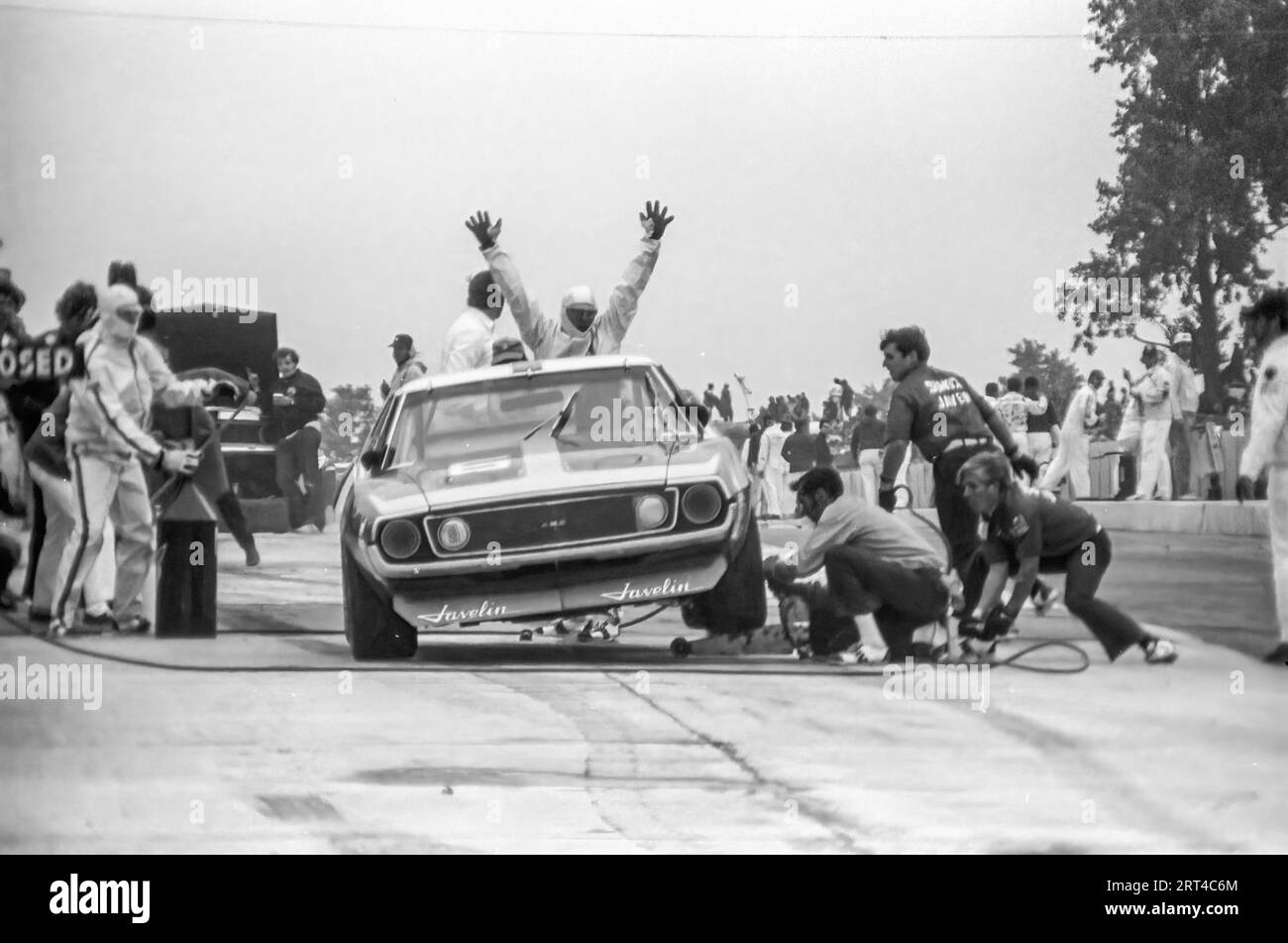 1971 Watkins Glen Trans AM, Mark Donohue, Penske Racing, AMC Javelin, iniziato 2°, finito 1°, pit stop durante la gara Foto Stock