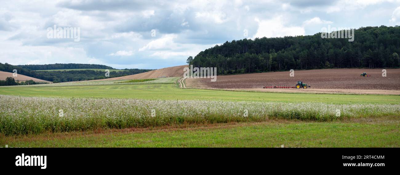 paesaggio rurale con trattore nel parc national de forets francese Foto Stock