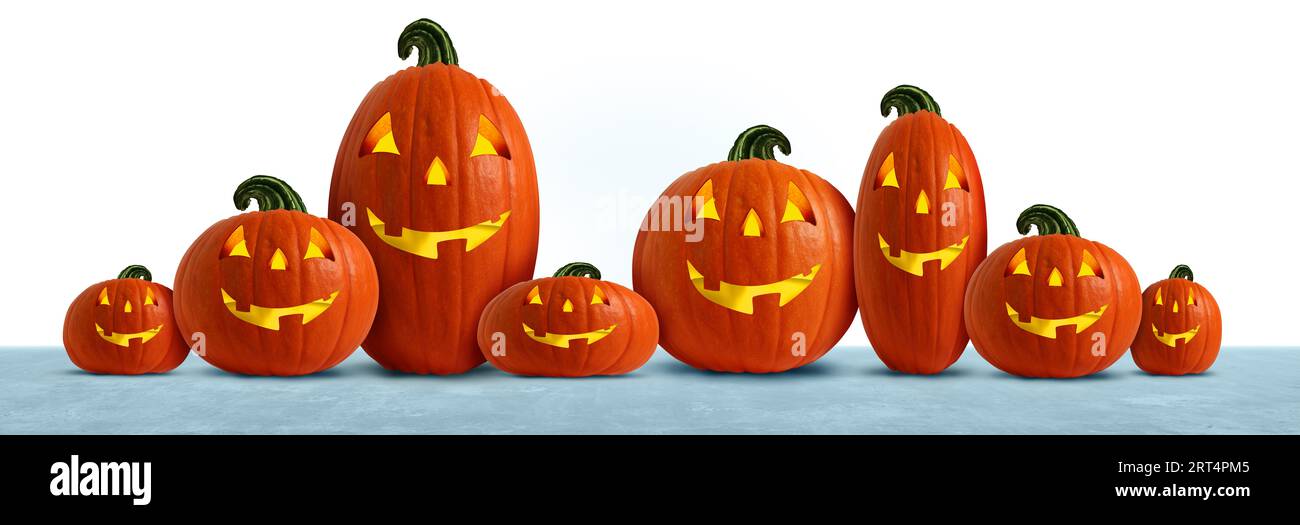 Happy Pumpkin Group e Halloween Jack o lanterna come zucche di fila come simbolo autunnale per una celebrazione autunnale di una tradizione trick or Treat Foto Stock