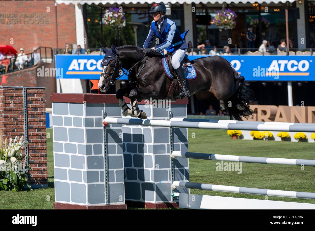 Calgary, Alberta, Canada, 10 settembre 2023. Olivier Philippaerts (BEL) in sella a le Blue Diamond V'T Ruytersh, The Masters, Spruce Meadows - CPKC Grand Prix - credito: Peter Llewellyn/Alamy Live News Foto Stock