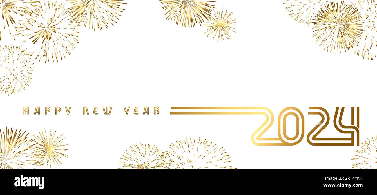 2024 sfondo dorato per le vacanze pirotecniche. Simboli creativi per poster dell'anno nuovo, banner sui social media o titolo del calendario. Illustrazione vettoriale Illustrazione Vettoriale